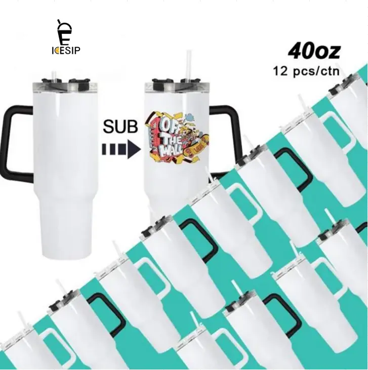 Icesip 40oz Double Wall Insulated Stainless Steel Sublimation Blank Tumbler (12pcs/ctn, Mix Color) - 1000-2000ml Portable Heat Transfer DIY Customizable Travel Mug with Removable Mix White and Black Handle for Adults, Home Office, 12Pcs,Mix White And Blac
