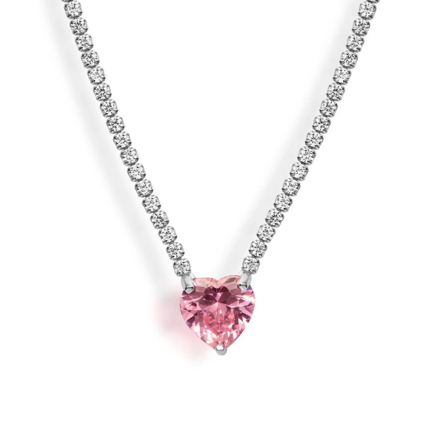 CZ Pendant Tennis Necklace for Women | Adjustable Crystal Choker Necklace | Princess Cut Pink Stone Necklace