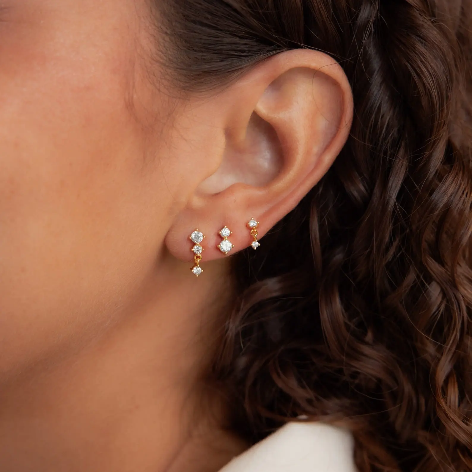 Triple Diamond Studs Set by Caitlyn Minimalist - Set of 3 Diamond Drop Earrings - Mismatched Stacking Earrings Set - Crystal Stud Earrings - Bridesmaid Gift for Her