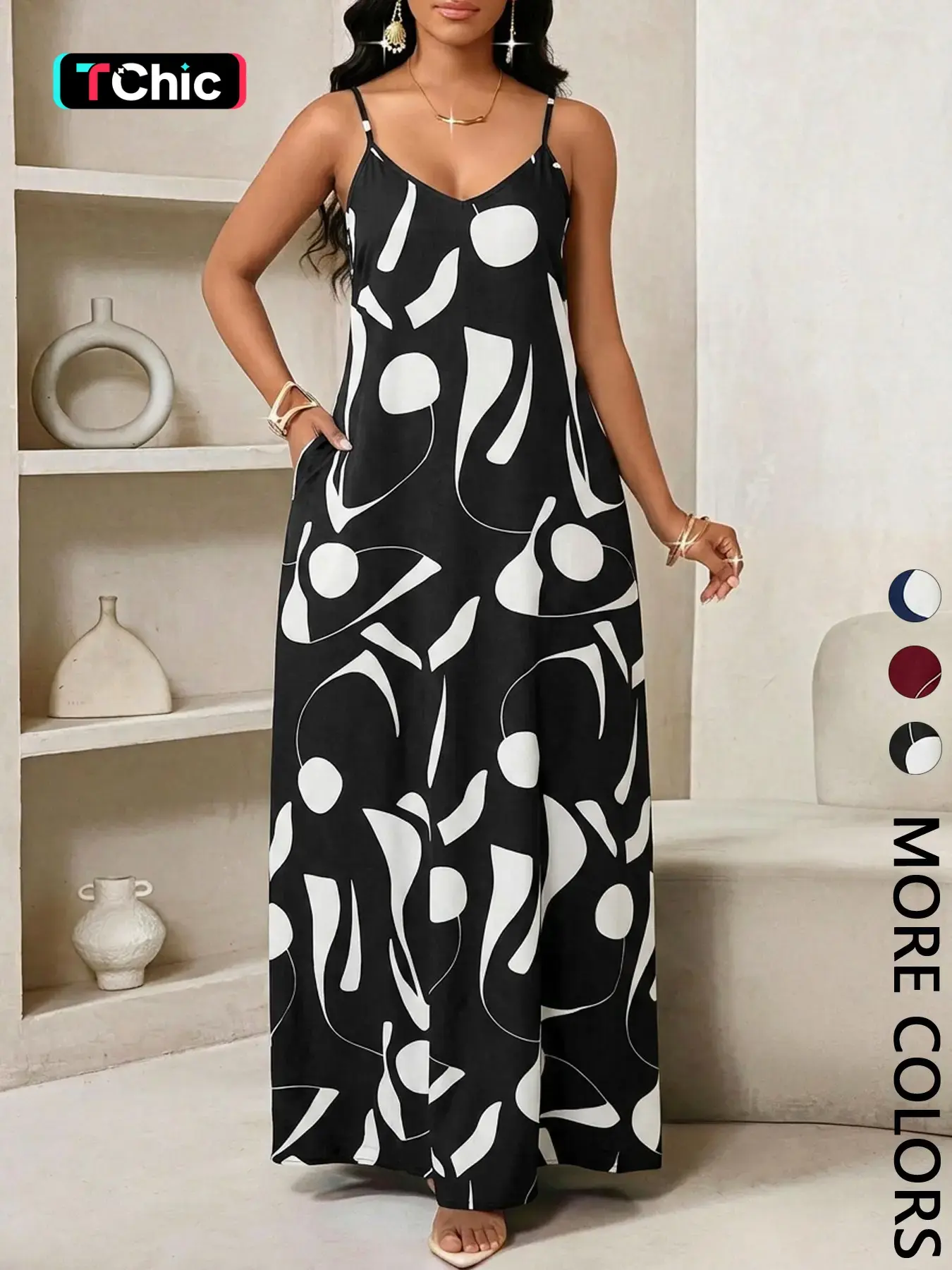 Women's Abstract Print  Dress, V Neck, Spaghetti Strap, Side Pocket, Lightweight Breathable Fabric, Summer Casual & Vacation Wear, Modern Art Style, Beach Party Dresses, Beach Sundress, Party Dress