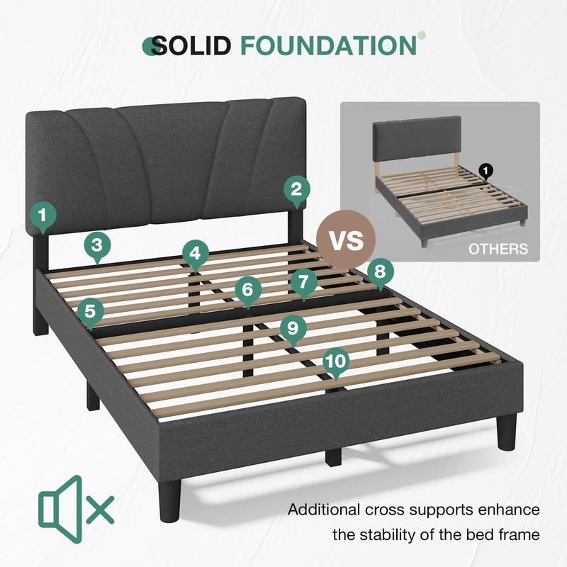 Novilla  Bed Frame Upholstered Platform Full/Queen/King Bed Frame with Adjustable Headboard, Strong Weight Capacity, No Box Spring Needed, Easy Assembly, Grey Modern Unique Bedroom Furniture,Holiday Haul