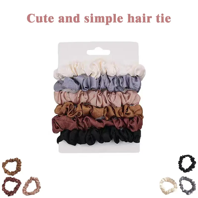 Women’s 6-Pcs Plain Silk Satin Skinny Scrunchies - Slate, Mocha Neutral Earth Tone Friction-Free Thin Elastic No-Damage Hair Ties for Everyday Wear, Small Ponytail Holders for All Hair Types