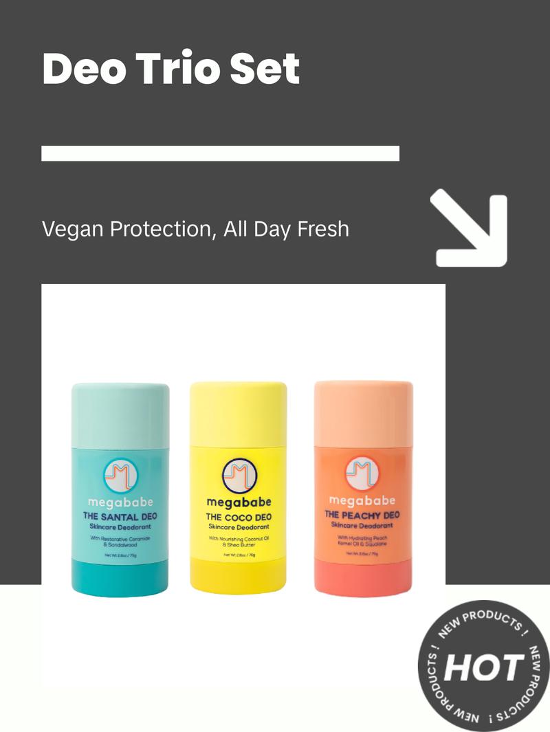 Megababe Scent-sational Deo Trio - 3 Skincare Deodorants with 72 Hour odor protections | The Santal Deo, The Coco Deo, The Peachy Deo