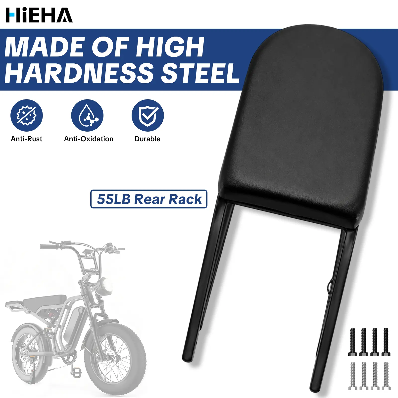 HIEHA Ebike Rear Rack - 55LB High Hardness Powder Coat Steel Cargo Rack with Cushioned Top Pad, Vibration Damp Ebike Accessories for Electric Bikes with 9cm (3.54in) Mounting Hole Spacing, Ideal for Cargo Carry