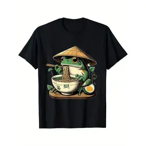 Kawaii Frog Eating Ramen T-Shirt – Cute Neko Japanese Noodles Anime Lovers Graphic Tee for Men, Black Cotton Shirt