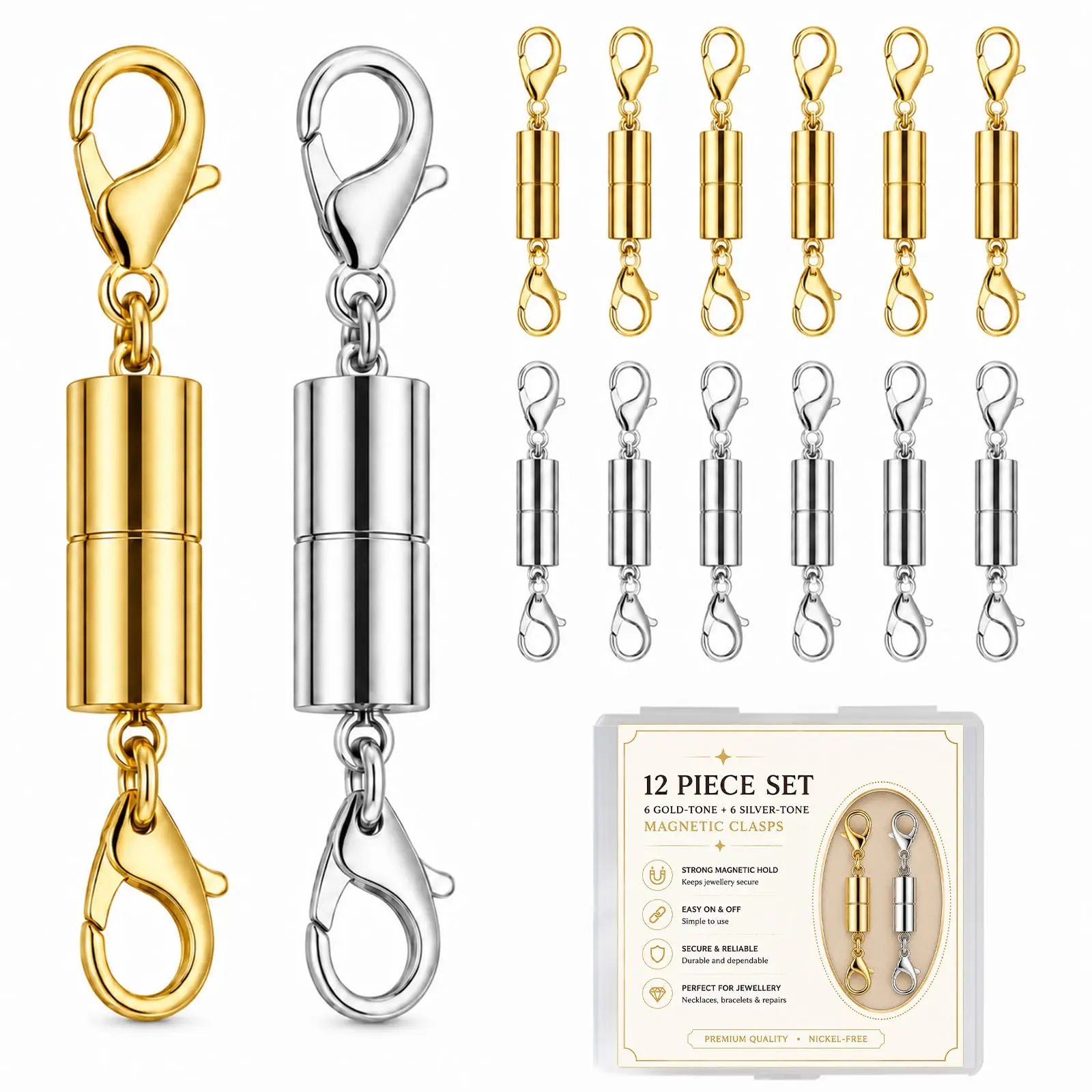 12 Pack Magnetic Necklace Clasps & Closures, Strong Magnetic Jewelry Extender, Gold Silver Plated Stainless Steel Connectors for Necklaces & Charms