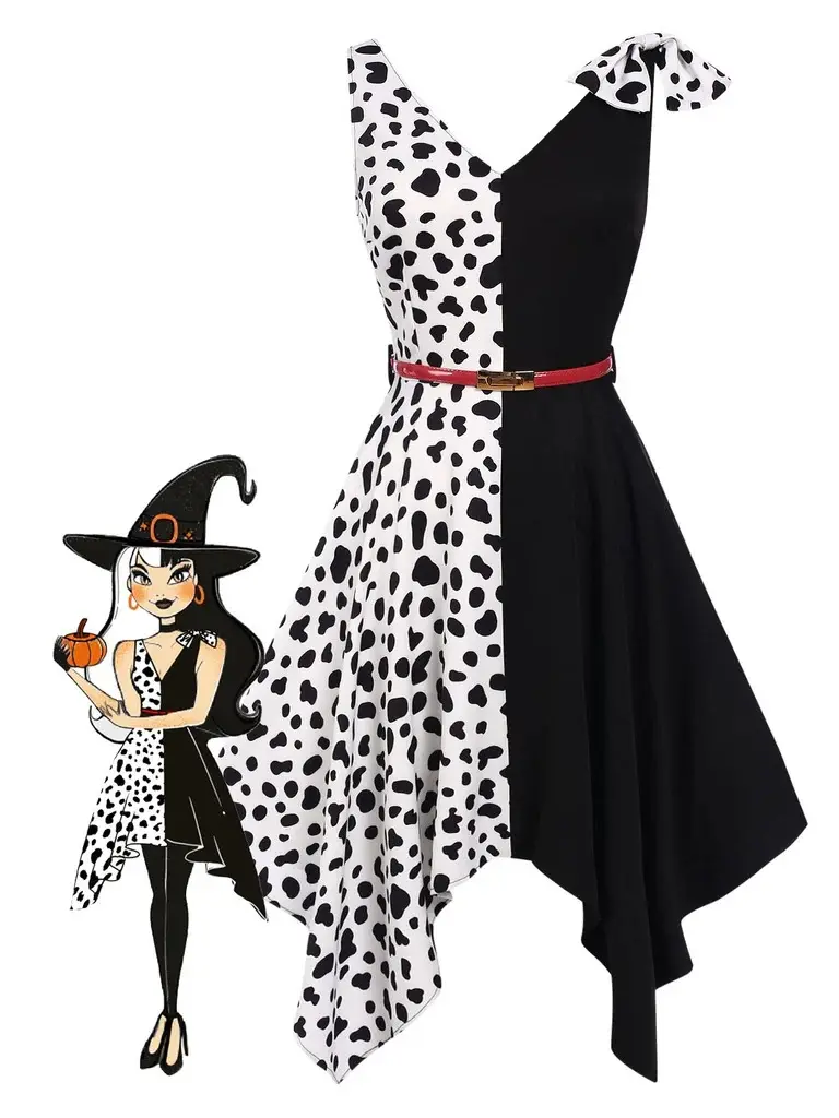 RETRO STAGE Women's 1970s Dalmatian Print Asymmetrical Dress, Cruella Inspired Witchcore Halloween Costume for Parties with Red Belt, Lady, Retro Party, Whimsical Dress, Asymmetrical Cut, Halloween Aesthetics, Dress Up For Halloween