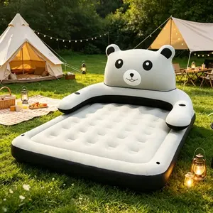 Cartoon Panda Pattern Inflatable Mattress Equipped with Drink Slots and Support Pillows, Foldable Indoor Outdoor Bed for Spare Room Backyard Camping