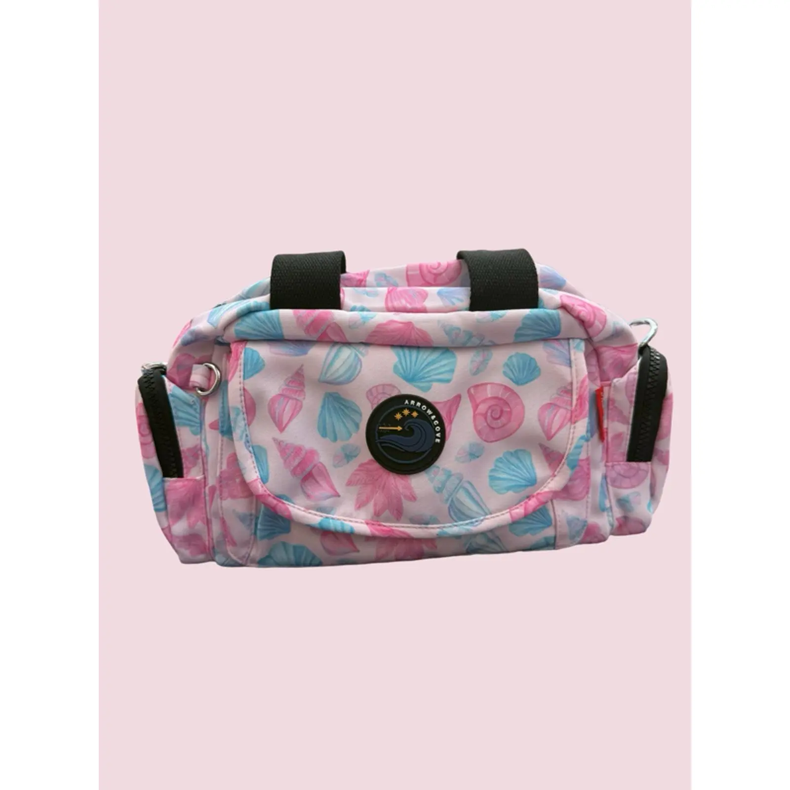 Seashell Patterned mini duffle Bag with Black Handles and Front Pocket