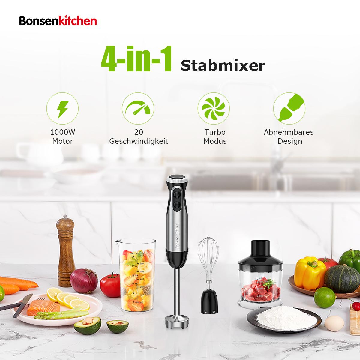 Bonsenkitchen Immersion Blender, 20 Variable Speeds & Turbo, 4-In-1 Stainless Steel Handheld Blender Stick Mixer with Egg Whisk, Beaker & Chopper Bowl electric mixer Bonsenkitchen Immersion Blender, 20 Variable Speeds & Turbo, 4-In-1 Stainless Steel Handheld Blender Stick Mixer with Egg Whisk, Beaker & Chopper Bowl electric mixer