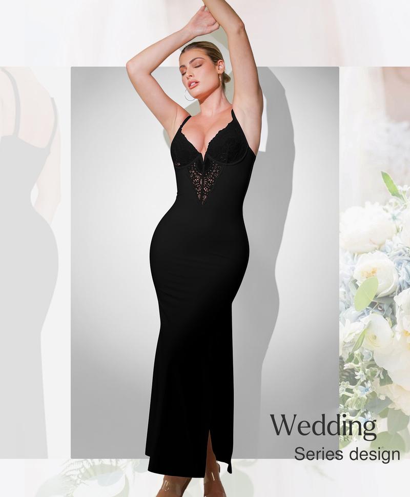 Popilush Shapewear Lace V-Neck Maxi Slip Dress or Lace Deep V-Neck Sculpting Wide-Leg Jumpsuit Official  Formal Elegant-LIVE