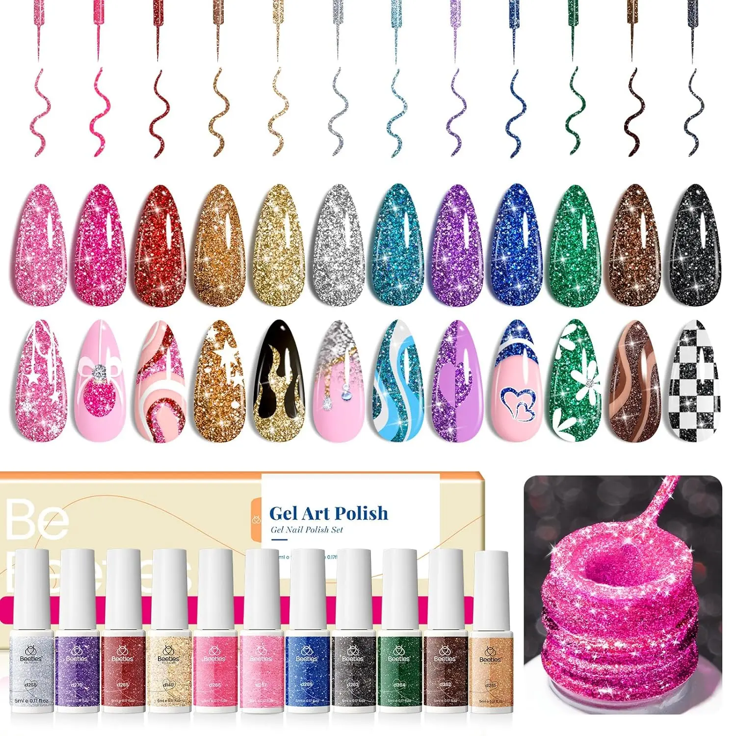 Beetles Nail Art Gel Liner Polish Reflective Glitter Gel Nail Polish, Gold Silver Pink Blue Purple Brown Black Gel Kit Soak Off Uv Nail Art Design Set Spring Gel Manicure Gifts for Women