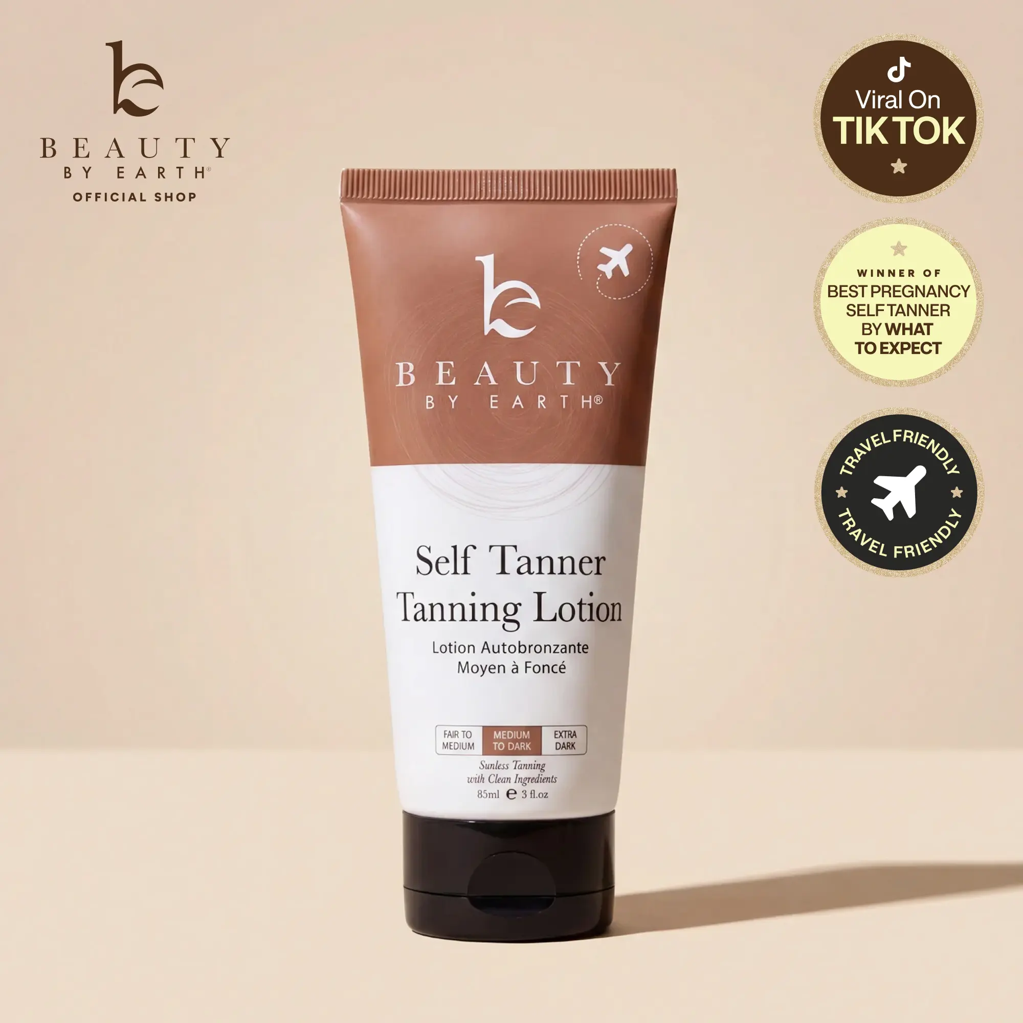 Beauty by Earth Travel-Size 85ml Self Tanner Body Lotion -  Hydrating Safe Sunless Tanning TSA Travel Friendly Made in USA Flawless Glowing Natural Gradual Tan