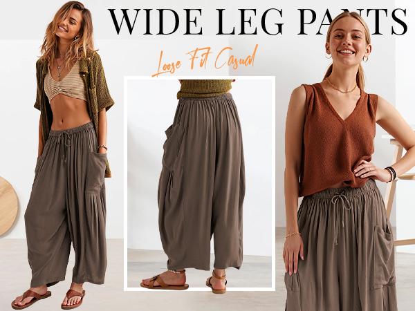 TARSE Womens Linen Wide Leg Pants Casual Loose Fit Beach Palazzo Harem Pants with Pockets Spring Summer Style