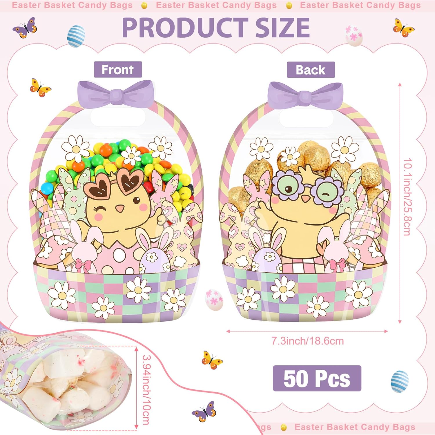 25/50 Pcs Easter Goodie Bags Plastic Candy Gift Bags with Handle Bunny Chick Pattern Transparent Treat Bags for Teacher Students Office Employee Coworker,Easter Egg Hunting Supplied,Appreciation Gift for Birthday Wedding Valentine's Day Celebration Gift