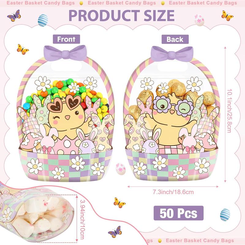 25/50 Pcs Easter Goodie Bags Plastic Candy Gift Bags with Handle Bunny Chick Pattern Transparent Treat Bags for Teacher Students Office Employee Coworker,Easter Egg Hunting Supplied,Appreciation Gift for Birthday Wedding Valentine's Day Celebration Gift