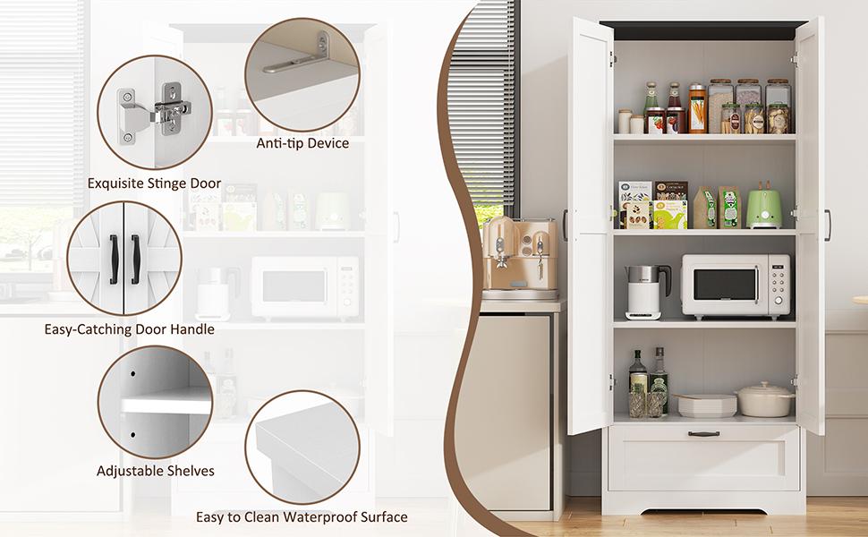 Walsunny Kitchen Pantry Cabinet, 65" Tall Storage Cabinet with Adjustable Shelves & Barn Doors, Freestanding Kitchen Cupboard for Dining Room, Living Room