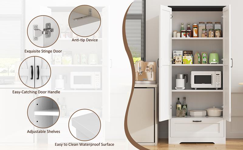 Walsunny Kitchen Pantry Cabinet, 65" Tall Storage Cabinet with Adjustable Shelves & Barn Doors, Freestanding Kitchen Cupboard for Dining Room, Living Room