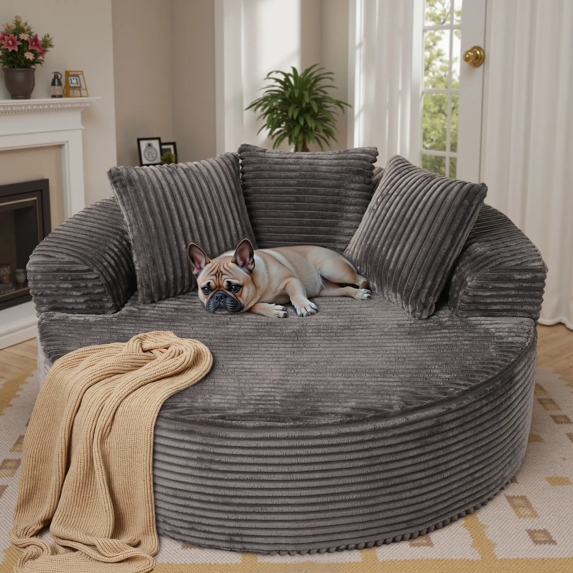 HOOOWOOO 59"W Oversized Round Sofa Bed - Modern & Boneless O-Shape Chaise Lounge, Lazy Bean Bag Chair, Deep Seat Couch with 3 Pillows, Plush Corduroy Fabric Chaise Lounge, No Assembly Required