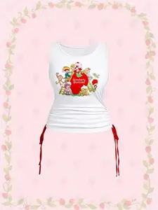 Strawberry Shortcake Spring / Summer Plus Size Summer Casual Cartoon & Strawberry Print Side Drawstring Tank Top