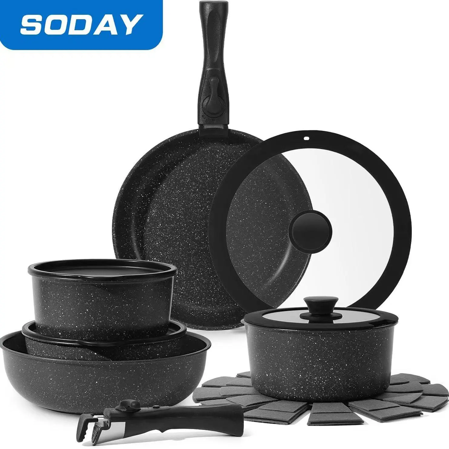 SODAY 15pcs Pots and Pans Set Non Stick, Cookware Sets with Detachable Handle, Nonstick RV Kitchen Cooking Set Removable Handles, Oven Safe,Stackable, Frying, Kitchenware,stock up on specials,backtoschool, glowup