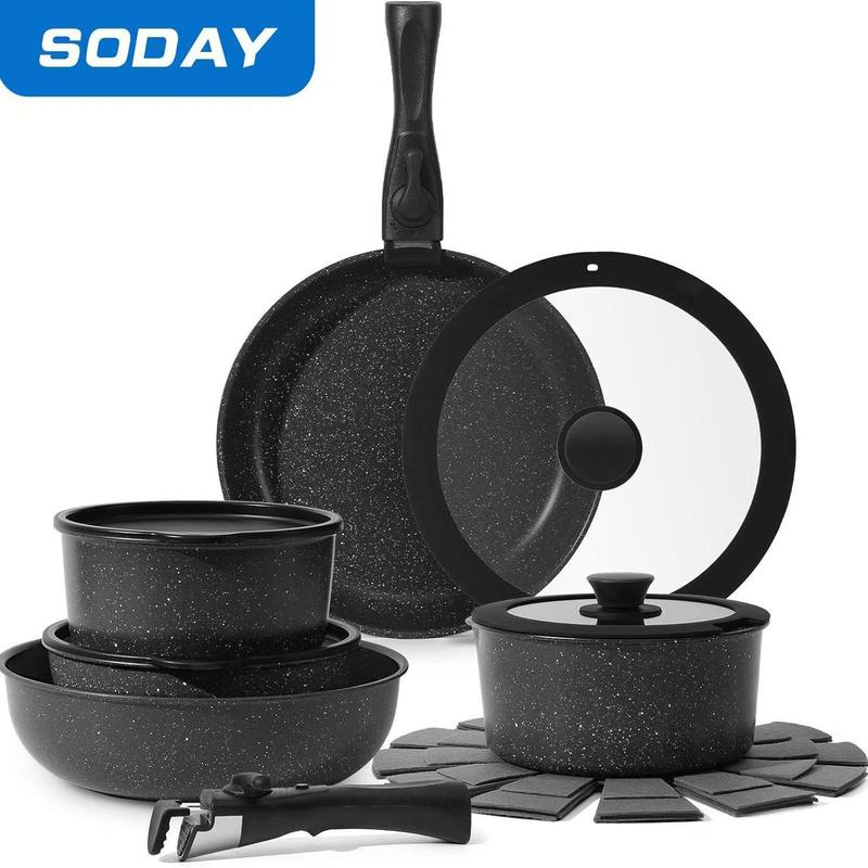 SODAY 15pcs Pots and Pans Set Non Stick, Cookware Sets with Detachable Handle, Nonstick RV Kitchen Cooking Set Removable Handles, Oven Safe,Stackable, Frying, Kitchenware,stock up on specials,Valentines Day gifts