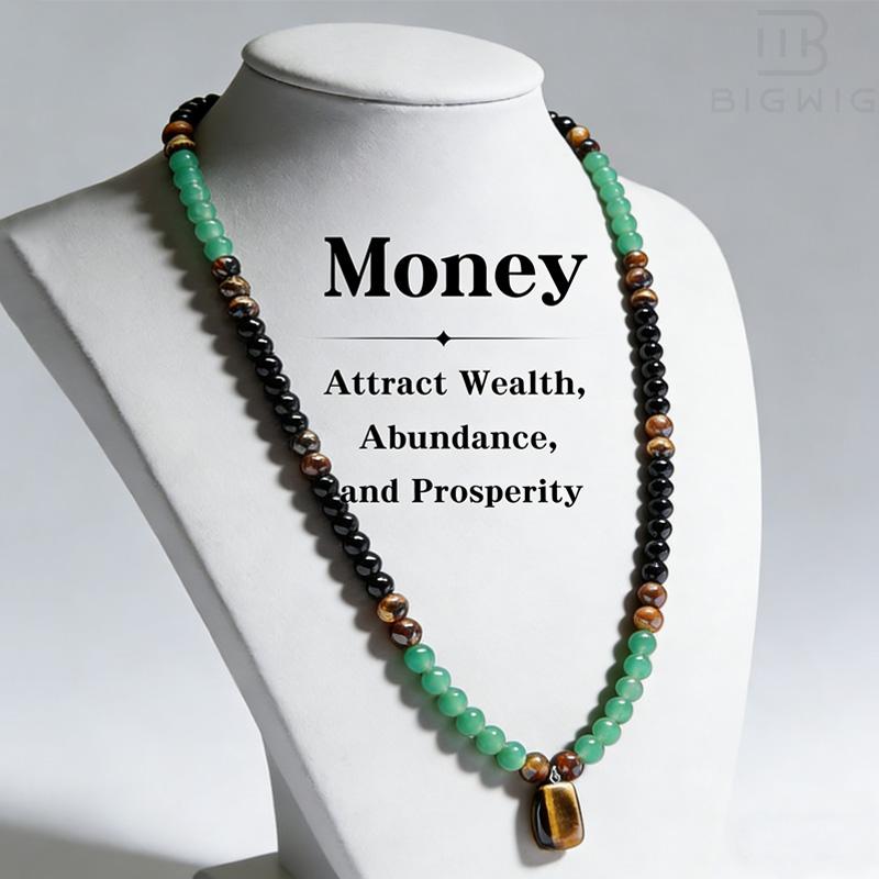 Green Aventurine & Tiger Eye Money Attraction Necklace, Natural Healing Crystal Pendant for Wealth & Prosperity, Long Chain Sweater Necklace, Ideal Gift Jewelry for Men and Women, Jewelry Charms for Anniversary, Vacation &Theme Parties