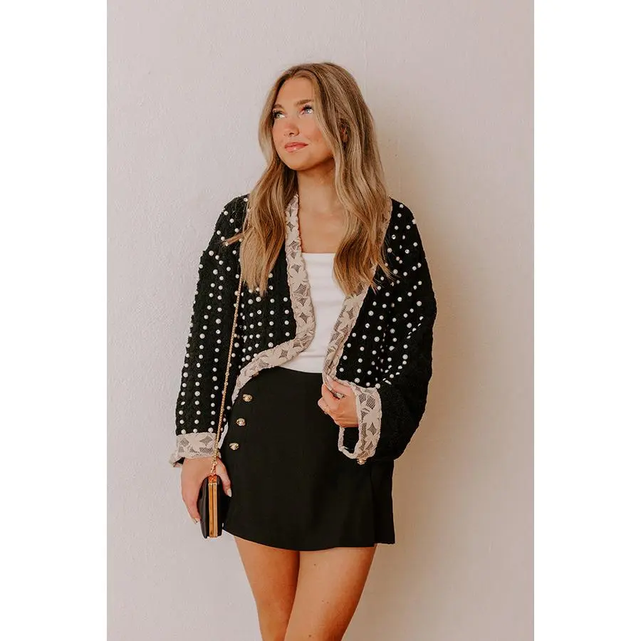 Lattes At The Louvre Pearl Embellished Knit Cardigan