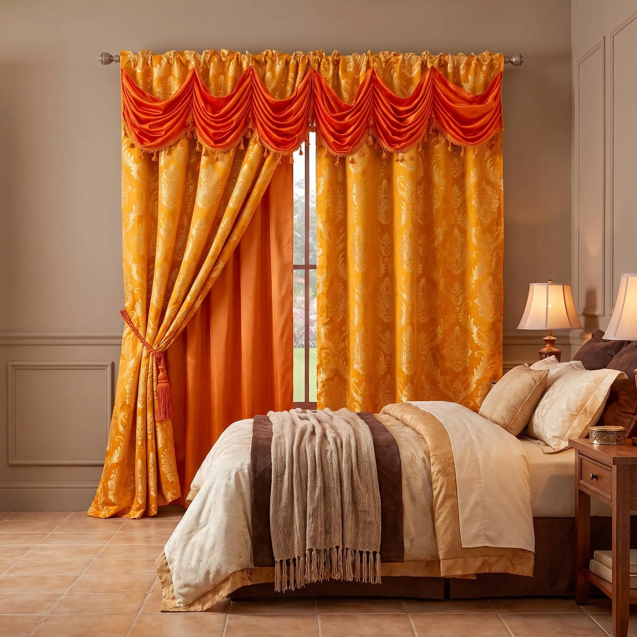 Luxury Damask Blackout Curtains 2 Panels Set 52x84 Inch with Attached Swag Valance and Fringe Trim, Vintage Floral Jacquard Double Layer Drapes, Anti Shrink Rod Pocket Complete Window Treatment, Classic European Decor for Living Room Bedroom JV1