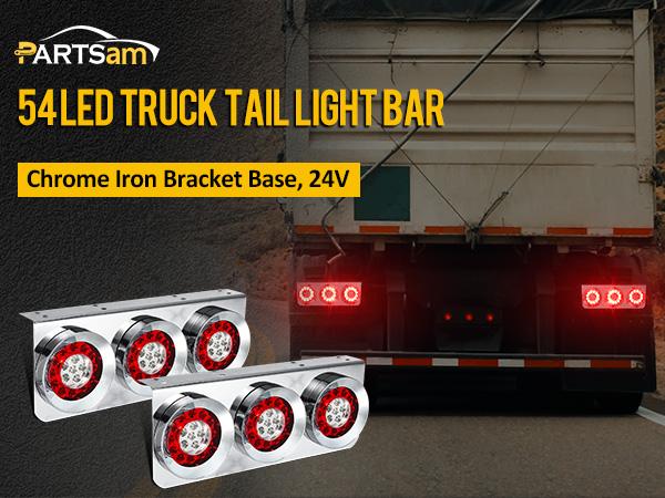 Partsam 2Pcs 54 LED Truck Trailer Tail Lights Bar with Chrome Iron Bracket Base Waterproof 24V 4 Inch Round Led Trailer Tail Lights Bar Stop Turn Signal Running Parking Lights Lamps RV Camper