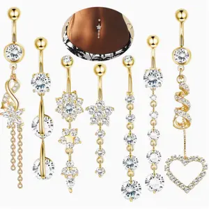 7PCS Stylish Flower-Shaped Zirconia Long Pendant Belly Button Rings for Women piercing jewelry outdoorfun