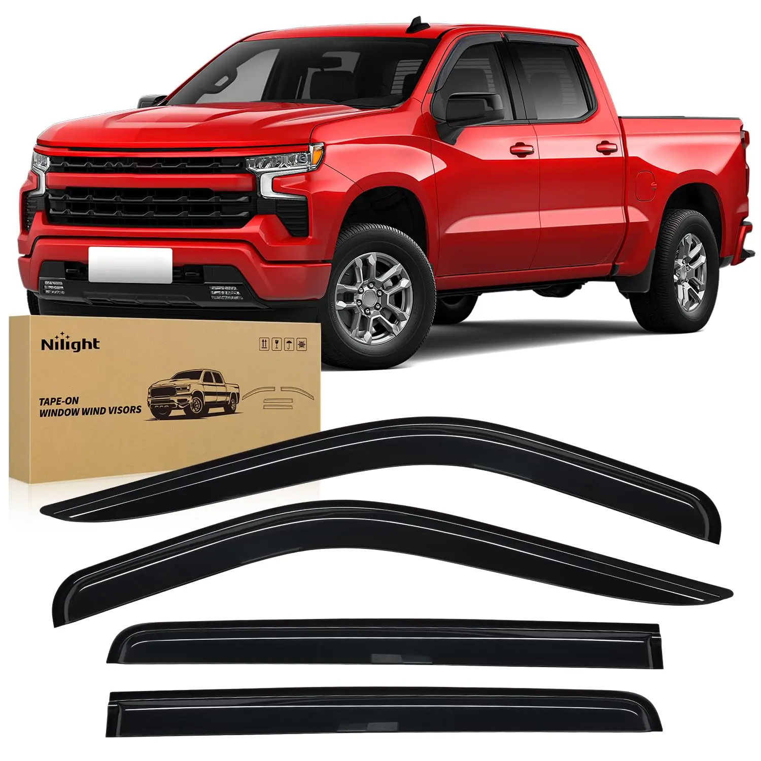 Nilight 4PCS Tape-On Acrylic Window Wind Visors - Heat Bonded Rain Guards, Wind Noise Reduction, Fog Prevention, Car Exterior Accessories for Chevy Silverado/GMC Sierra 1500 Crew Cab 2019-2024, None