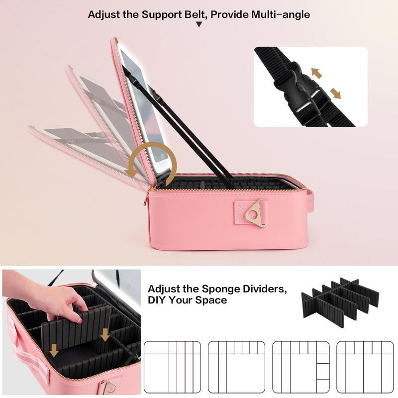 Viral Plus Size Travel Makeup Bag with Lighted Mirror  Waterproof Cosmetic Train Case with Three-color Light Adjustable Dividers Must-Have Organizer for Makeup Lovers Perfect Gift for Her