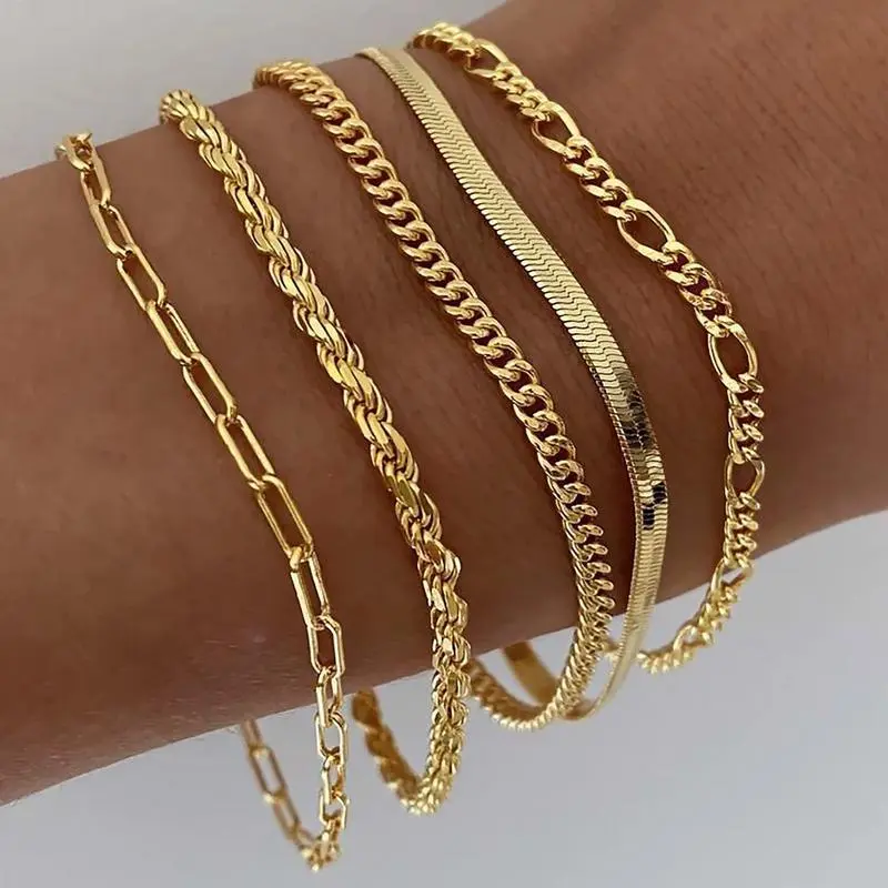 5PCS Waterproof 14K  hypoallergenic Gold Jewelry Set for Women – Trendy Thin Dainty Stackable Cuban Link, Paperclip Chain Bracelet Pack, Fashion Accessories Gifts for Women non-tarnish Christmas Gift