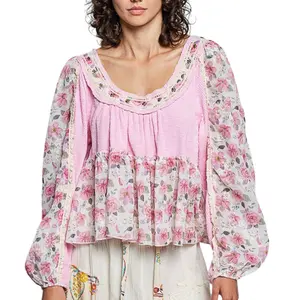 Floral Mix Sheer Sleeve Ruffle Top