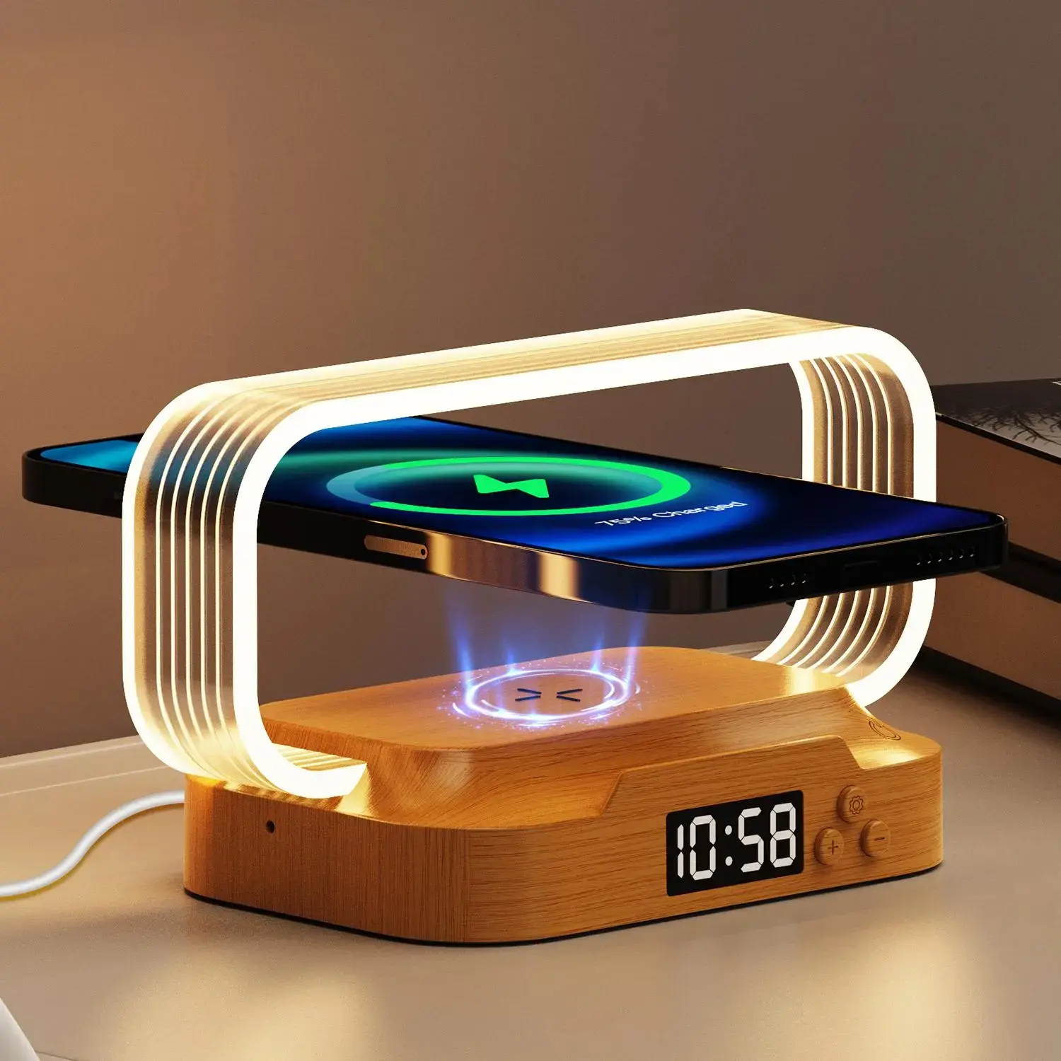 4-in-1 Wireless Charging Station with LED Night Light, Digital Alarm Clock & Phone Stand, 15W Fast Wireless Charger