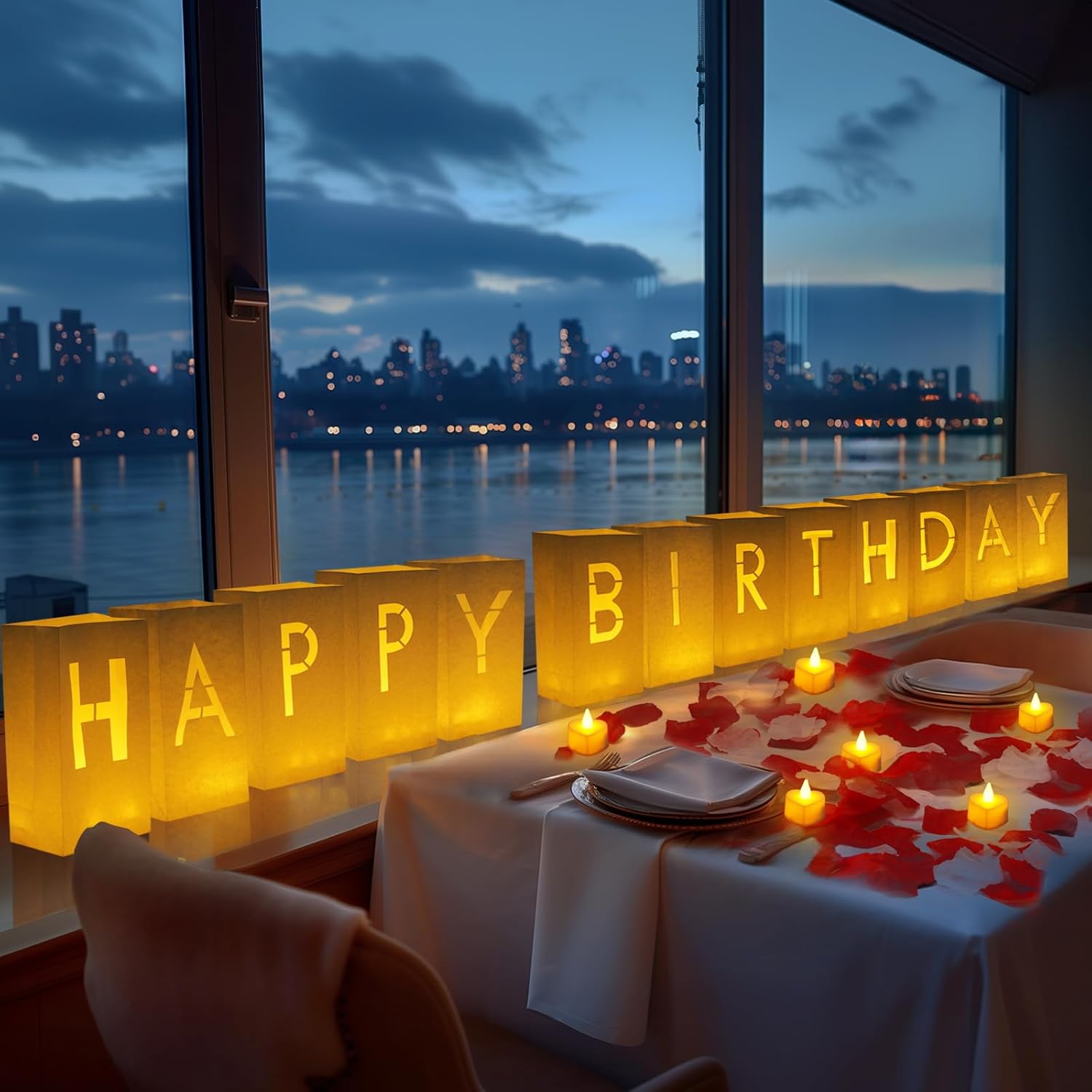 Happy Birthday Light Up Letters Luminary Bags with Flameless Candles and Fake Rose Petals, Happy Birthday Sign Party Decoration for Women Men