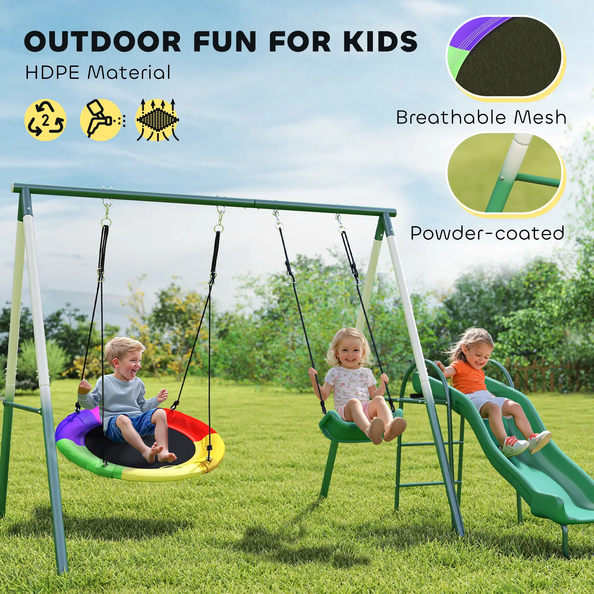 #Summervibe Outsunny Swing Set for Backyard, Heavy-Duty A-Frame Stand Outdoor Playset for Kids, with Saucer Swing, Slide, Swing Seats, Glider Set
