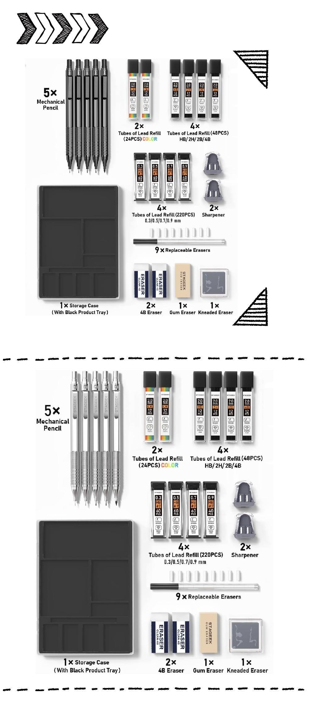 STAGEEK 21PCS Metal Mechanical Pencil Set, Art Lead Pencil 0.3, 0.5, 0.7, 0.9, 2mm Lead Holder(HB 2H 2B 4B Color) with 10 Tubes Graphite Lead Refills Eraser with Case for Drafting Drawing Sketching