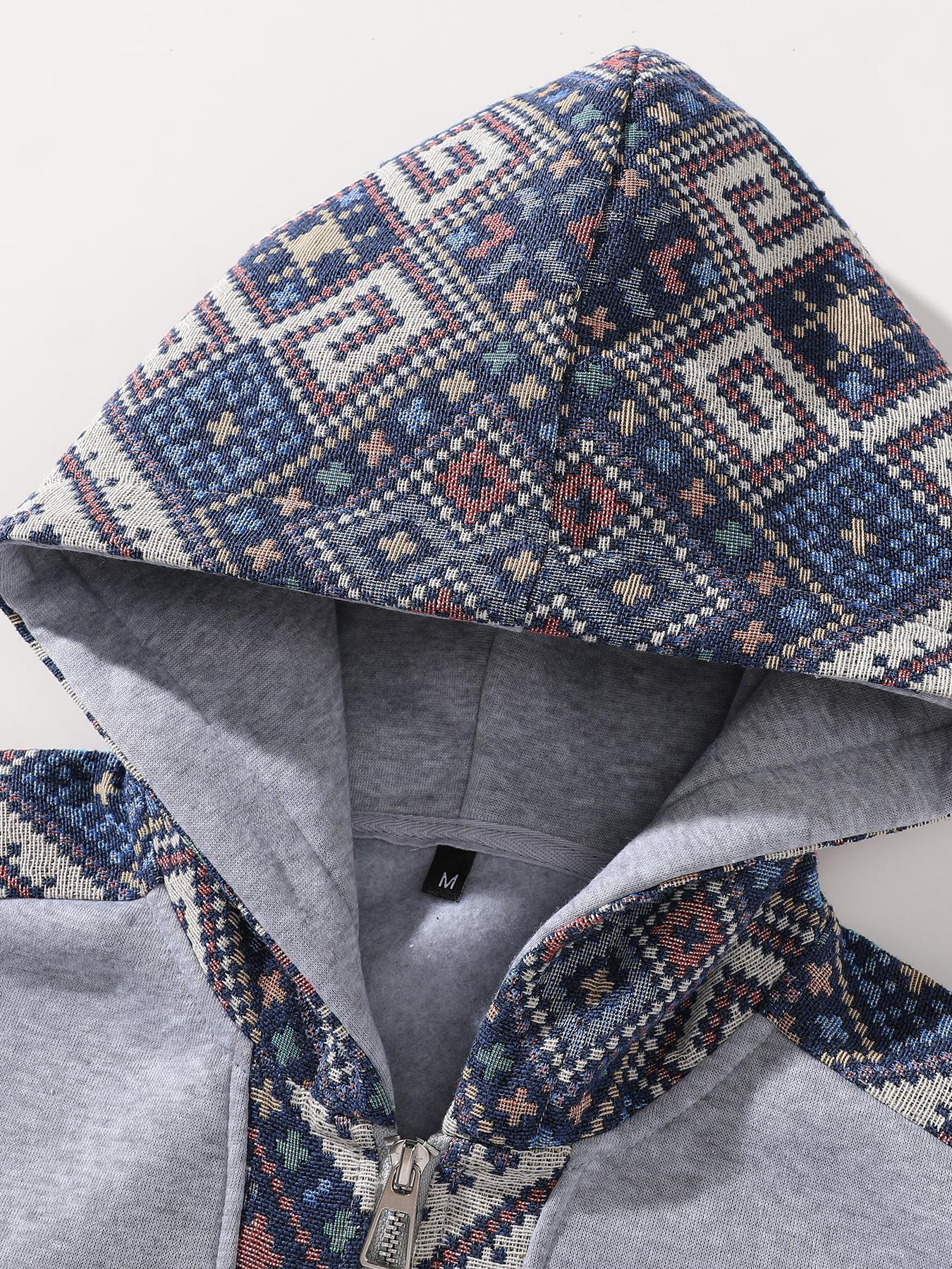 Men's Thick Knit Half-Zip Hoodie with Patchwork Contrast Color Design - Retro Ethnic Style, Fitted Silhouette, Warm & Cozy for Fall Outfits SpringStatements