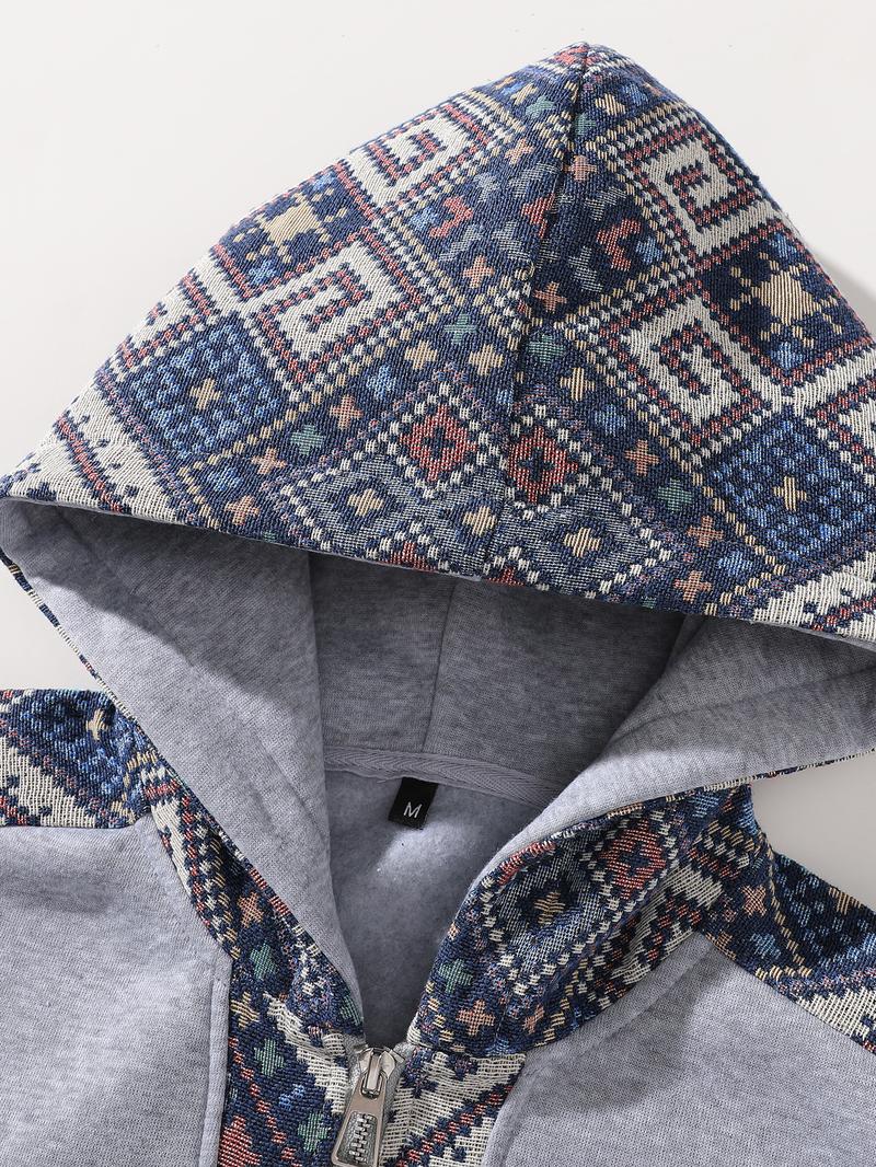 Men's Thick Knit Half-Zip Hoodie with Patchwork Contrast Color Design - Retro Ethnic Style, Fitted Silhouette, Warm & Cozy for Fall Outfits