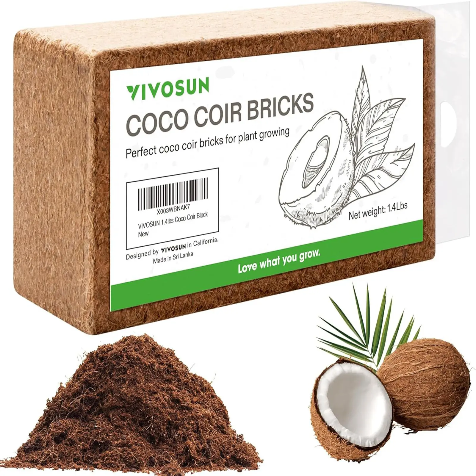 VIVOSUN Coco Coir Brick, 1.4lbs 100% Natural Organic Compressed Coconut Coir Fiber with Low EC, PH Balance & High Nutrition, Coconut Fiber Substrate, Coconut Soil for Plants