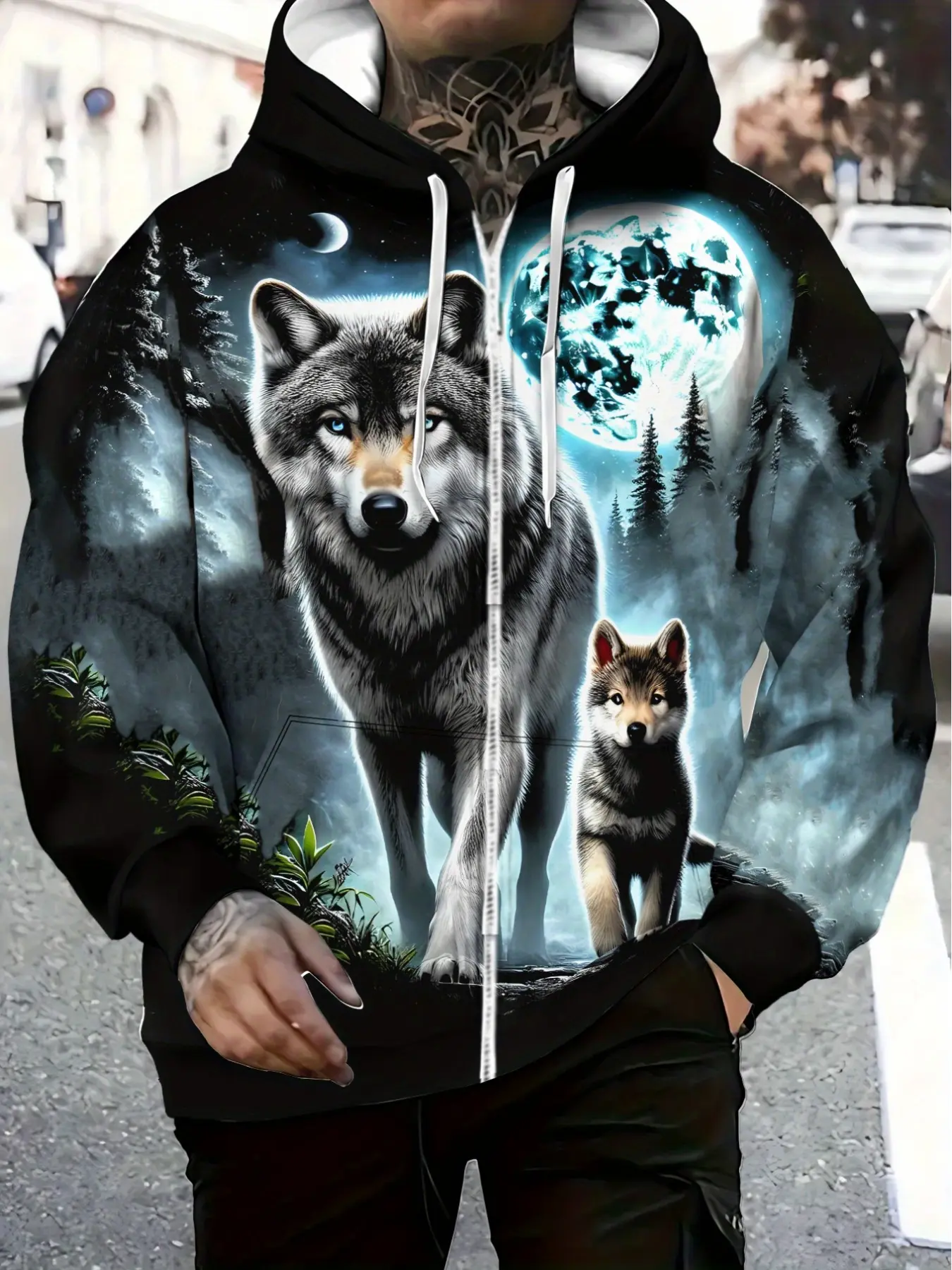 Men's Fashionable 3D Printed Outdoor Long Sleeves Hoodie with Animal Wolf Pattern, Street Style Hoodie with Hood and Front Pocket, Designer Hoodie
