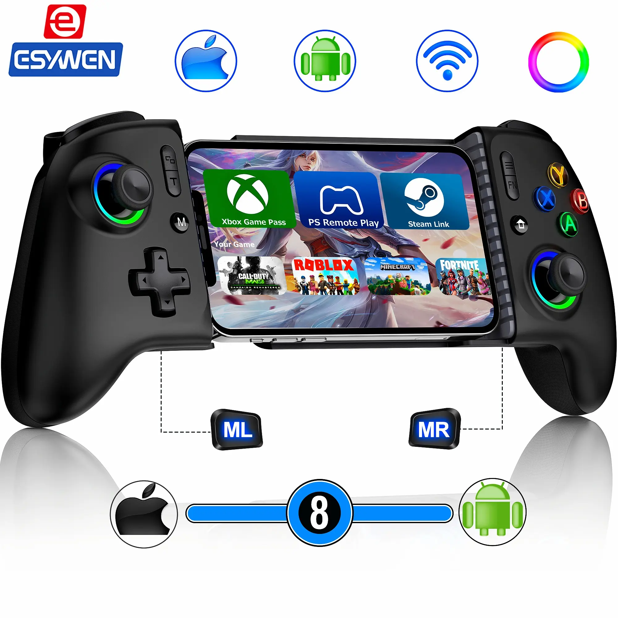 ESYWEN Mobile Gaming Controller, MC2 Phone Controller for iPhone/Android Handheld Gaming with Programmable/Hall Effect Joysticks & Analog Triggers/Adjustable Light/Turbo,back to school,back to school haul