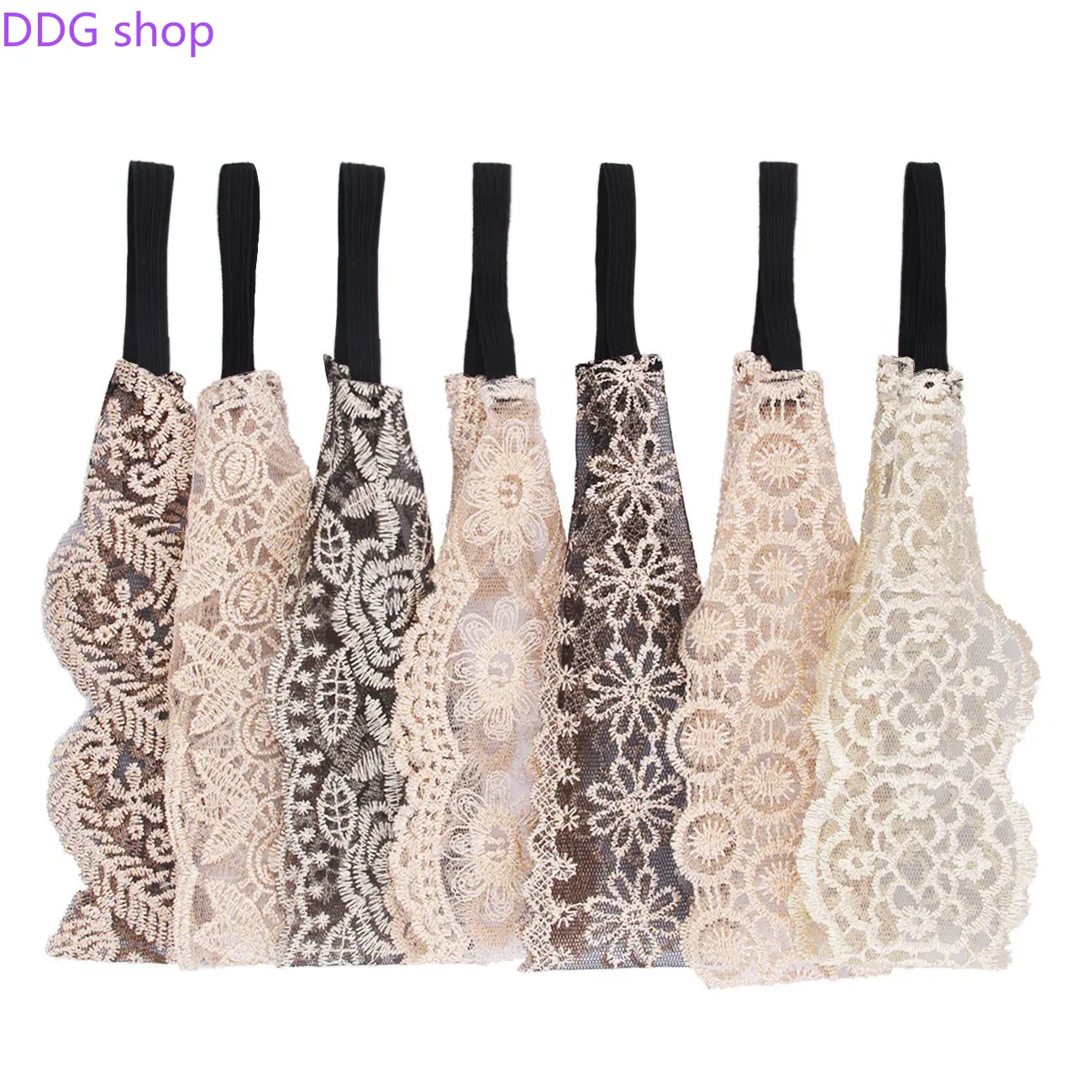 Women's 7Pcs Boho Lace Sports Headbands - Vintage Floral Embroidered Stretchy Non-Slip Wide Hair Wraps, Flower Headband Hair Accessories for Daily & Party, Stretchy Headbands