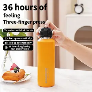 Non-threaded water cup with large capacity, vacuum insulation, suitable for outdoor use, single-handed portable, press with three fingers to open the lid, convenient for carrying and keeping hot drinks warm.