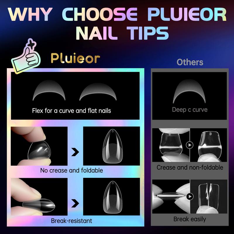 【Pluieor Official】Short Almond Nail Tips - 240Pcs Semi-Matte Full Cover Clear False Nails,10 Sizes Premium PMMA Fake Nails , Shatterproof & Flexible Press on Nails for Salons & DIY