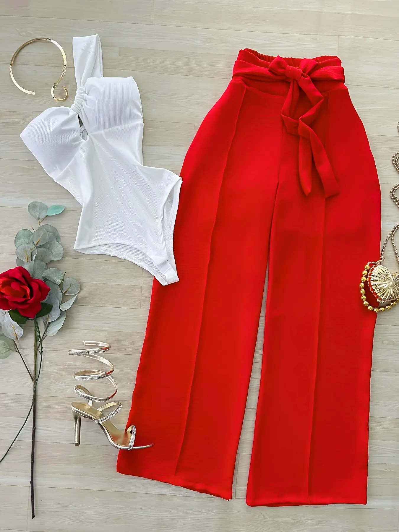 Elegant Feminine Fitted Jumpsuit + Flowy Wide Leg Pants Top Set Outfit, Sexy Vacation, Perfect for Summer, Stylish and Comfortable