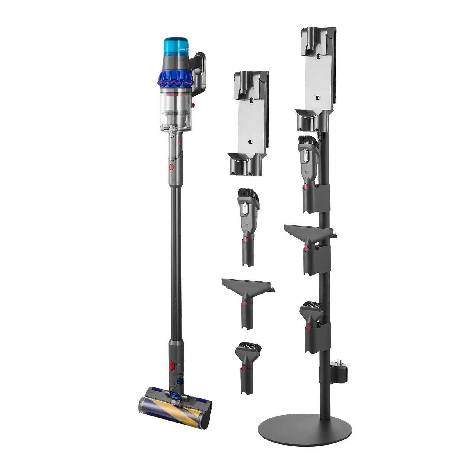 VEVOR Carbon Steel Vacuum Stand for Dyson Multi-Models, Stable Standalone Base Storage Bracket Holder with 4 Pads, Accessory Holders, Charging Slot, Multi-Clips, Adjustable Height, Anti-Slip Feet
