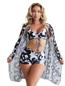 Womens 3 Pieces Bikini Set Swimsuit Tropical Beach Cover up Kimono Swimwear Bathing Suit with Boy Shorts